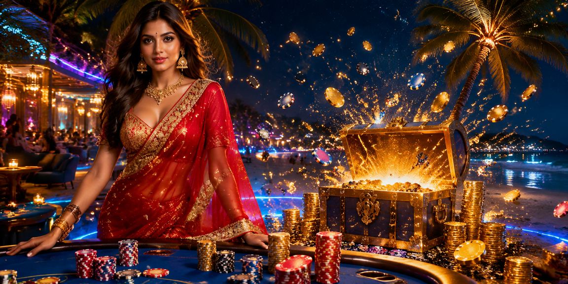 Woman enjoying mobile lottery betting on beach in Goa