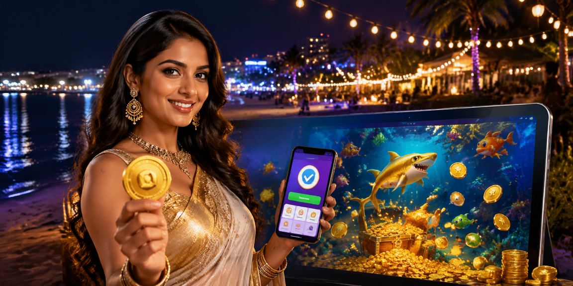 Indian woman enjoying mobile betting game near riverside at sunset