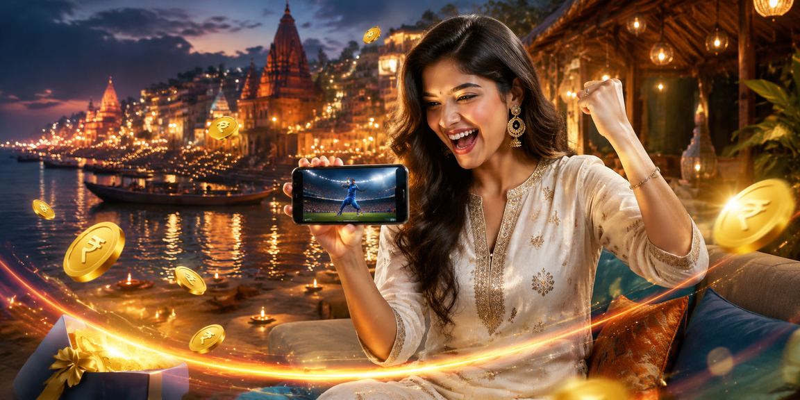 Nighttime riverfront in Varanasi with lottery players celebrating